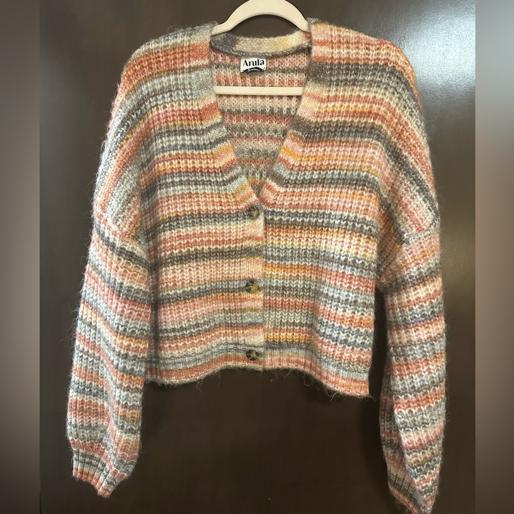 ARULA Cozy Striped Cardigan in Pink, Orange, and Gray